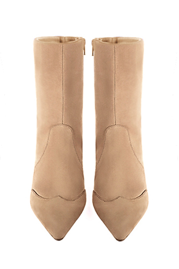 Tan beige women's ankle boots with a zip on the inside. Pointed toe. Medium block heels. Top view - Florence KOOIJMAN